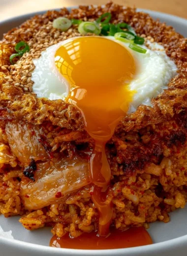 Delicious bowl of homemade fried rice with colorful vegetables and savory toppings