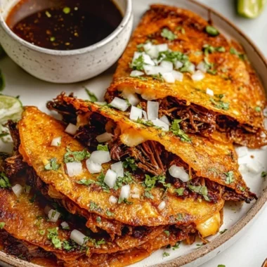 Delicious plate of flavorful Birria Tacos served with dipping broth