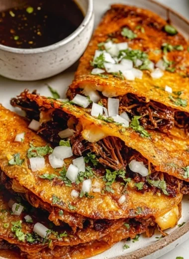 Delicious plate of flavorful Birria Tacos served with dipping broth