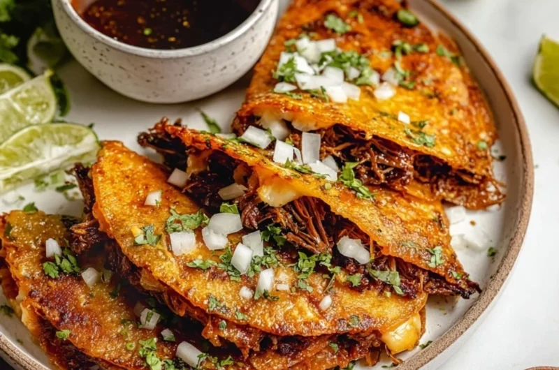 Delicious plate of flavorful Birria Tacos served with dipping broth