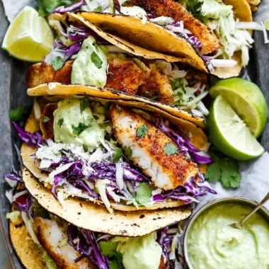 Blackened fish tacos with avocado cream sauce served on a plate