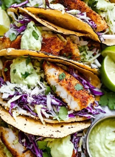 Blackened fish tacos with avocado cream sauce served on a plate