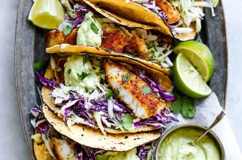 Blackened fish tacos with avocado cream sauce served on a plate