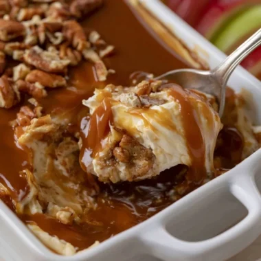 Creamy Caramel Apple Cheesecake Dip served with fresh apple slices
