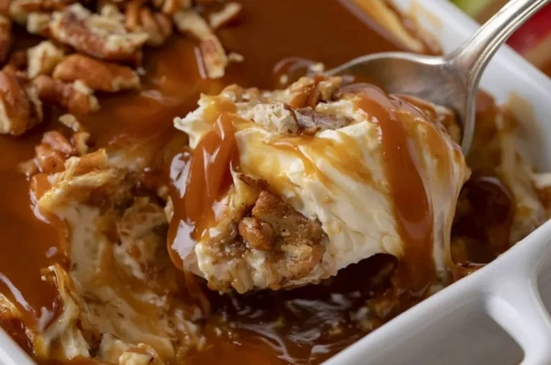 Creamy Caramel Apple Cheesecake Dip served with fresh apple slices