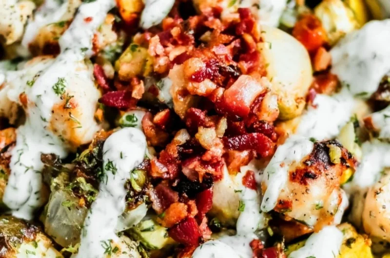 Delicious Chicken Bacon Ranch salad topped with crispy bacon and fresh ingredients.