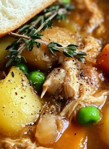 Bowl of hearty chicken vegetable stew with fresh ingredients