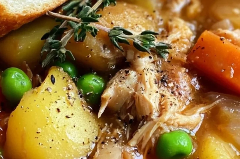 Bowl of hearty chicken vegetable stew with fresh ingredients
