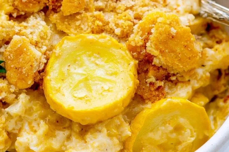 Classic Squash Casserole dish with cheesy topping and fresh squash