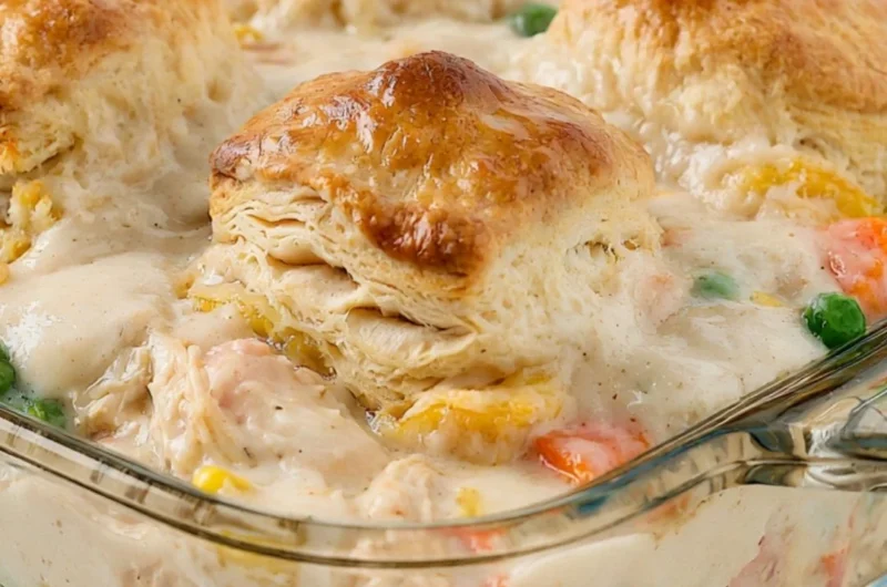 Comforting Chicken Pot Pie Casserole topped with flaky crust