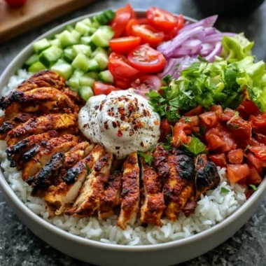 Delicious cozy chicken shawarma bowl with fresh vegetables and spices