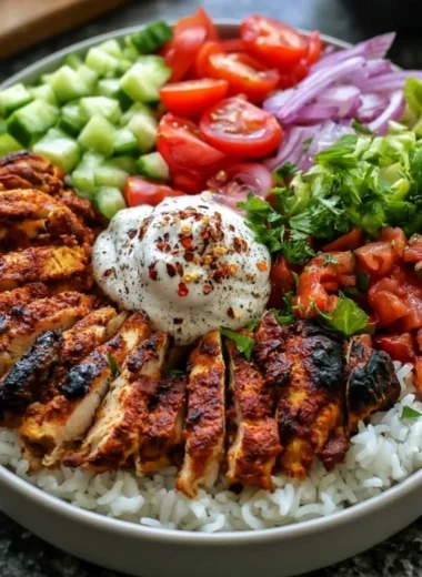 Delicious cozy chicken shawarma bowl with fresh vegetables and spices