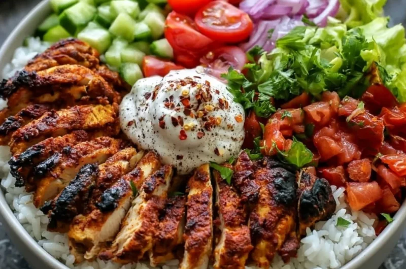 Delicious cozy chicken shawarma bowl with fresh vegetables and spices