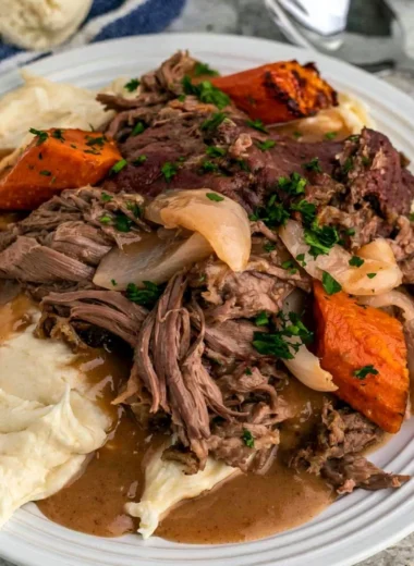 Cozy Crock Pot 3-Packet Pot Roast served with vegetables on a plate