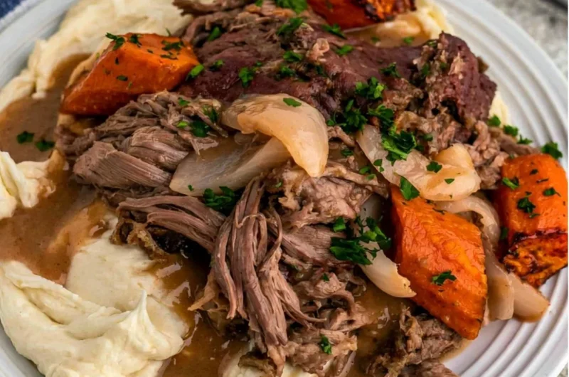 Cozy Crock Pot 3-Packet Pot Roast served with vegetables on a plate
