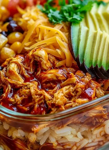 High-protein chicken enchilada bowls garnished with fresh toppings