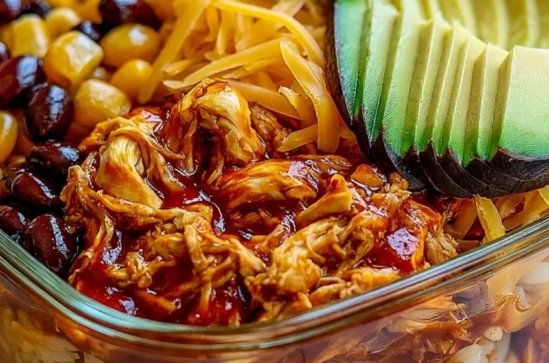 High-protein chicken enchilada bowls garnished with fresh toppings