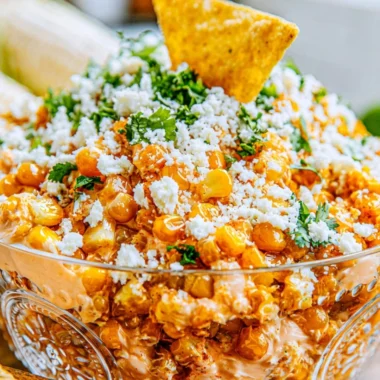 Delicious Mexican Street Corn Dip served in a bowl with toppings.