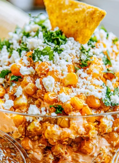 Delicious Mexican Street Corn Dip served in a bowl with toppings.