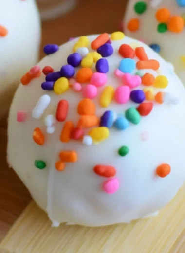 Delicious no-bake cake batter truffles topped with colorful sprinkles