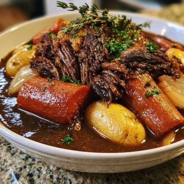 Slow cooker pot roast served with vegetables and gravy