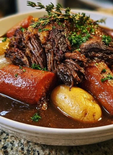 Slow cooker pot roast served with vegetables and gravy
