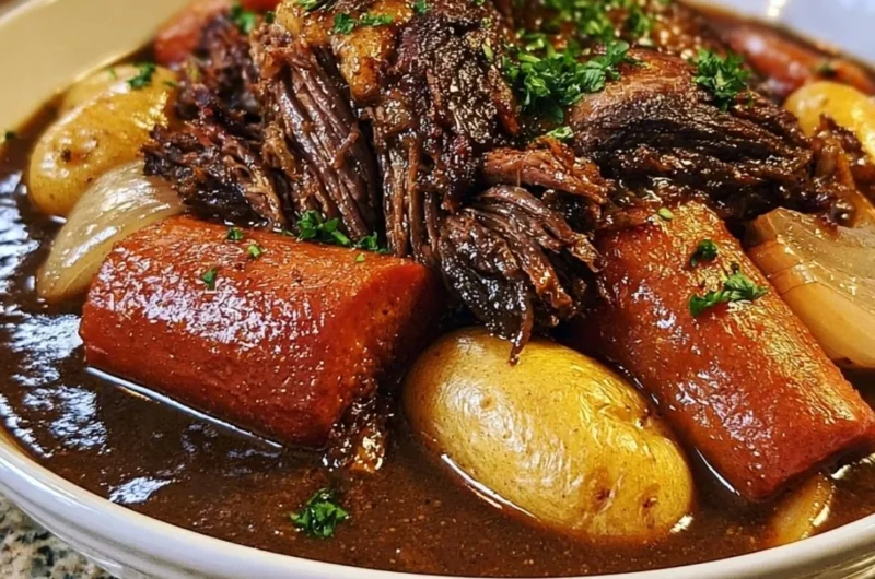 Slow cooker pot roast served with vegetables and gravy