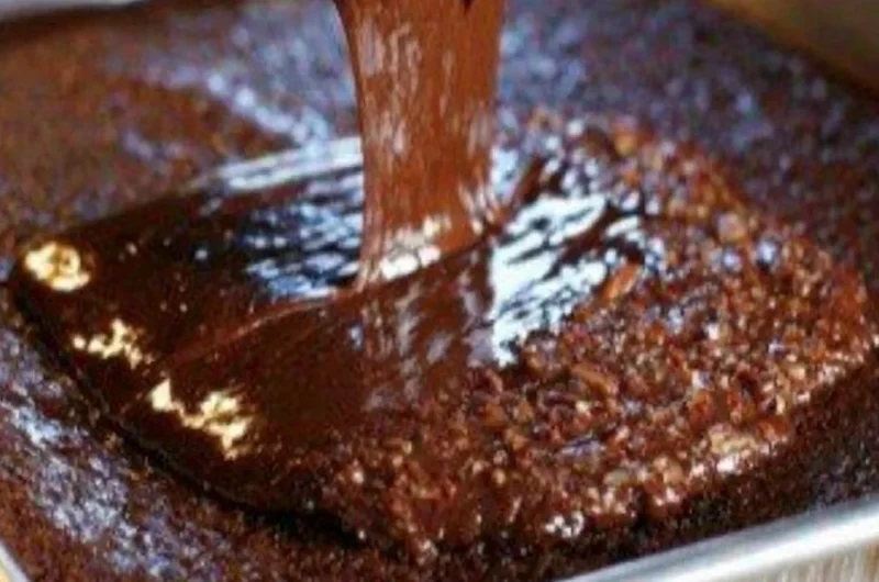 Cozy warm chocolate sheet cake topped with creamy frosting on a wooden table