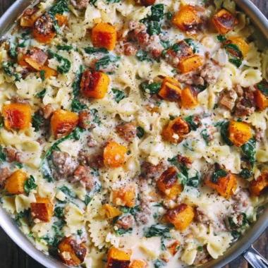 Creamy butternut squash pasta with sausage and spinach in a bowl