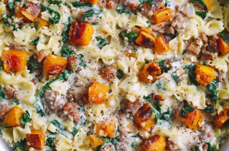 Creamy butternut squash pasta with sausage and spinach in a bowl