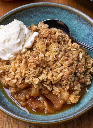 Delicious cast iron apple crisp served with a scoop of vanilla ice cream