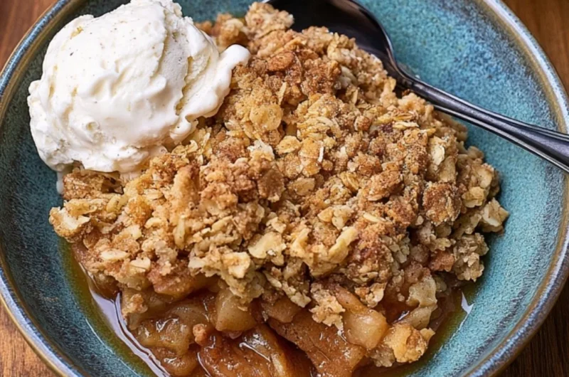 Delicious cast iron apple crisp served with a scoop of vanilla ice cream