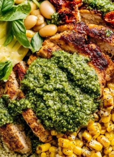 Plate of delicious pesto chicken garnished with fresh herbs