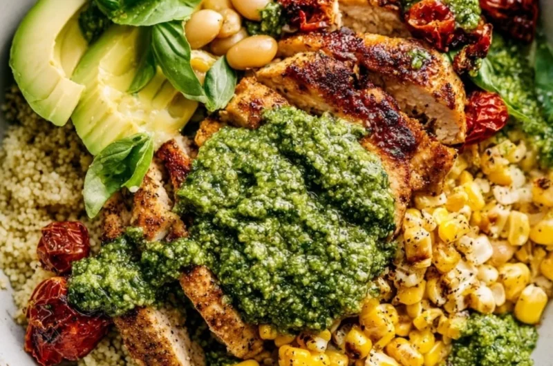 Plate of delicious pesto chicken garnished with fresh herbs