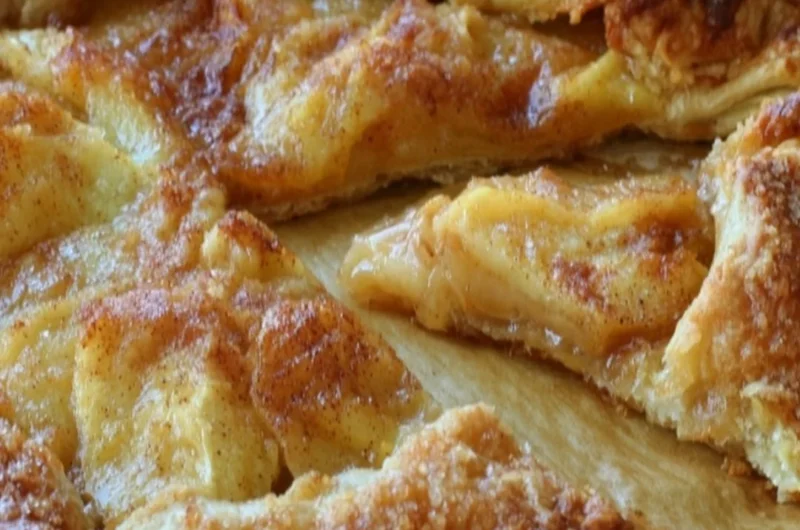 Slice of delicious rustic French apple tart with fresh apples on a wooden table