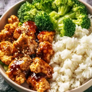 Crockpot Teriyaki Chicken served with rice and vegetables