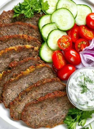 Delicious beef and lamb gyros served with fresh vegetables and tzatziki sauce