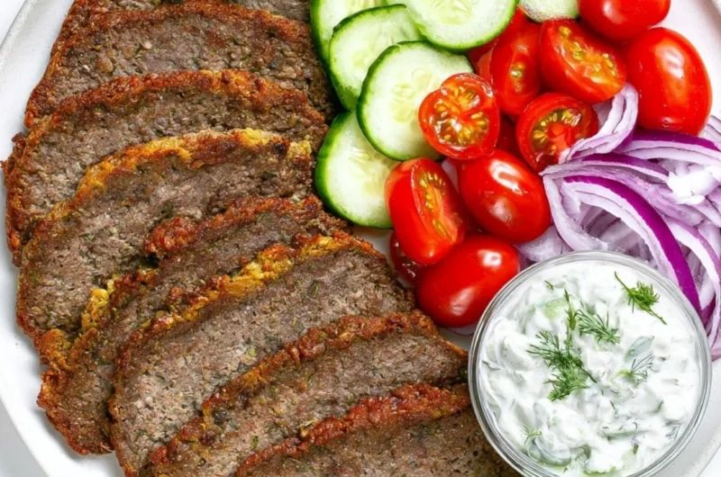 Delicious beef and lamb gyros served with fresh vegetables and tzatziki sauce