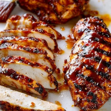Plate of easy juicy BBQ chicken with grilled vegetables