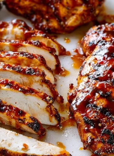 Plate of easy juicy BBQ chicken with grilled vegetables