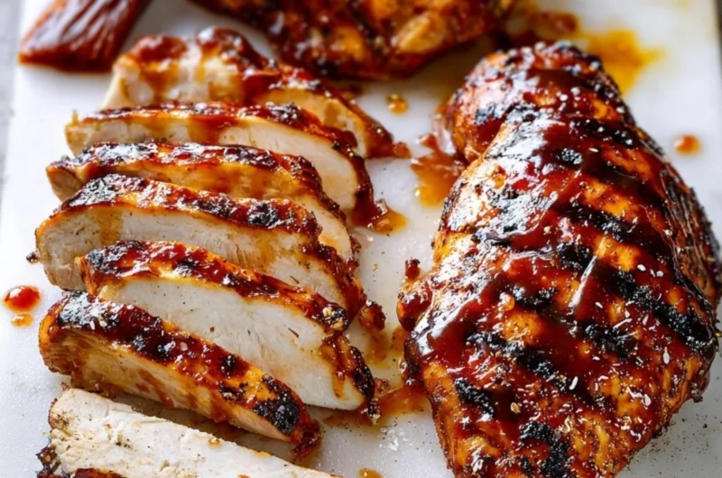 Plate of easy juicy BBQ chicken with grilled vegetables