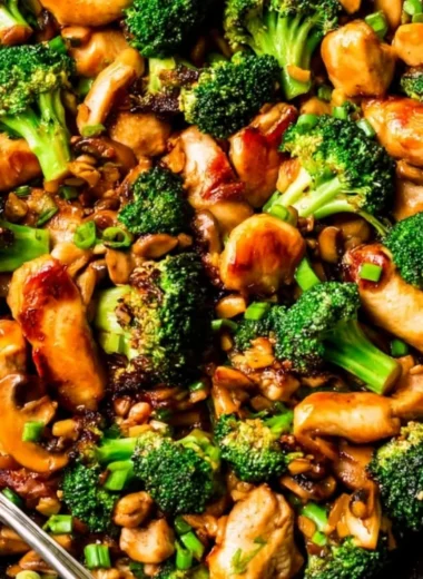 Healthy chicken and broccoli stir fry with vibrant vegetables