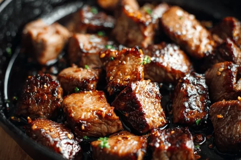 Grilled Hibachi Steak with vegetables on a sizzling plate