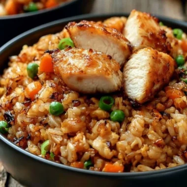 High protein crispy garlic chicken fried rice served in a bowl