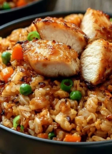 High protein crispy garlic chicken fried rice served in a bowl