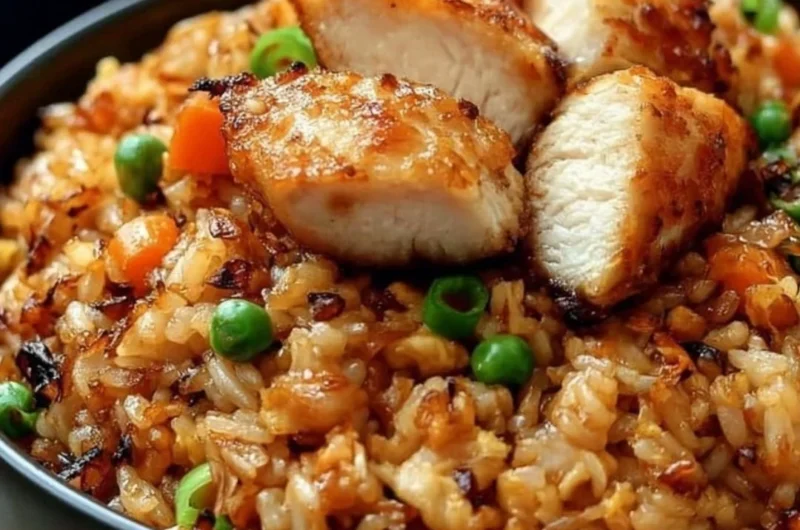 High protein crispy garlic chicken fried rice served in a bowl