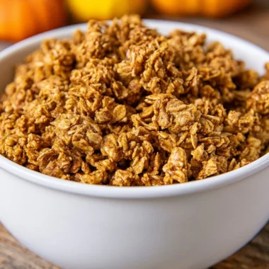Bowl of homemade pumpkin spice granola with nuts and pumpkin seeds.