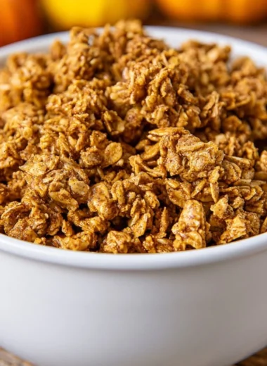 Bowl of homemade pumpkin spice granola with nuts and pumpkin seeds.