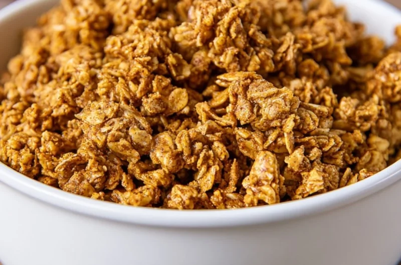 Bowl of homemade pumpkin spice granola with nuts and pumpkin seeds.