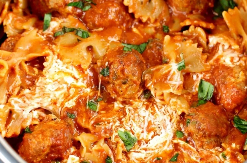 Instant Pot Dump and Go Meatball Lasagna ready to serve with melted cheese